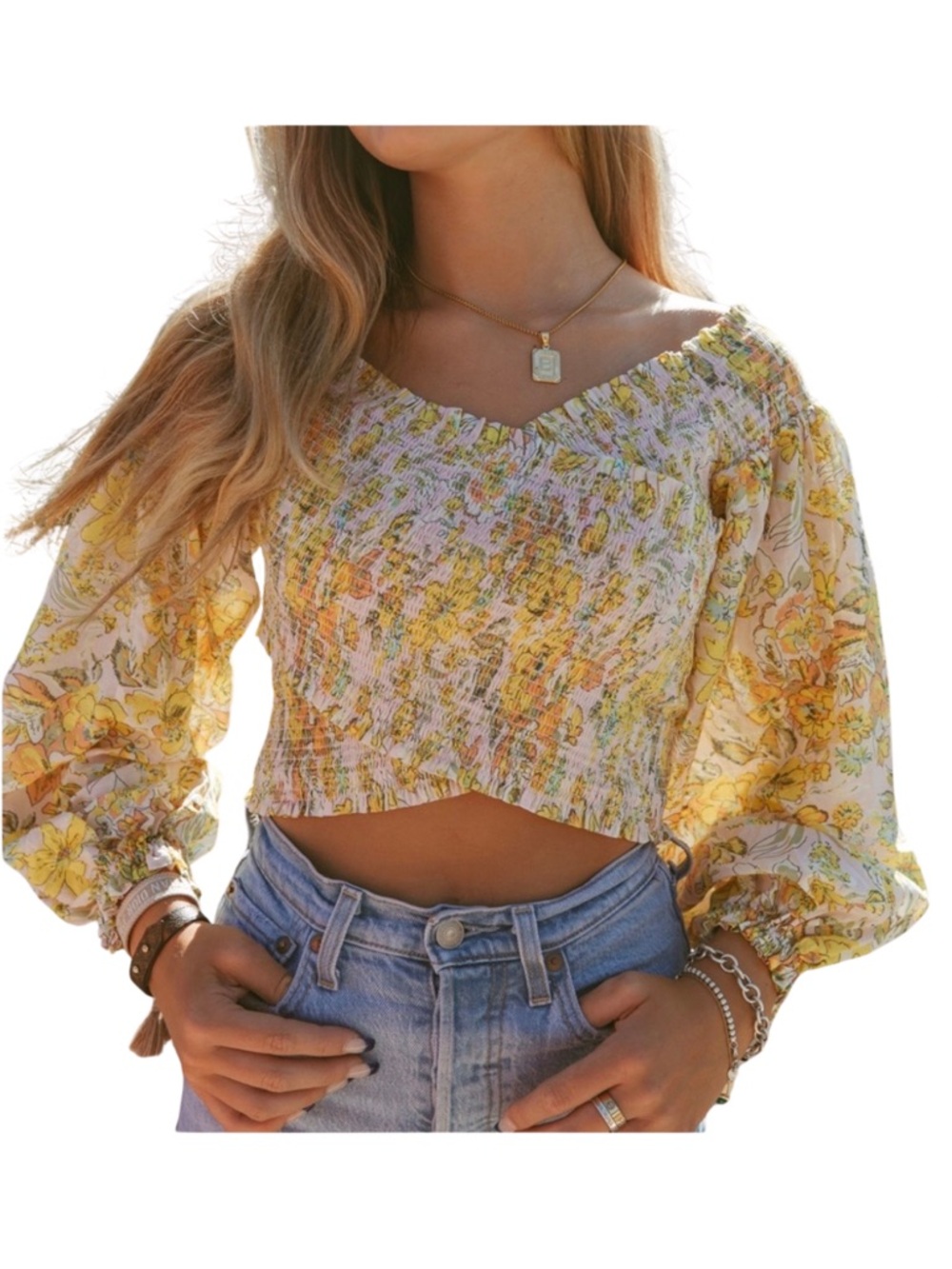Women's Free People East to West Floral Smocked Crop Top NWT Puff Sleeve size S